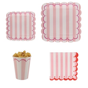 Korean version of new birthday party supplies disposable tableware, square plates, paper plates, paper cups, pink wavy edge cake plates