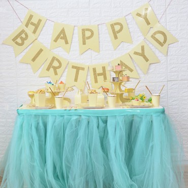 New disposable knife, fork, spoon, tableware, yellow set, table skirt, paper cup, paper plate, Happy Birthday pull bar