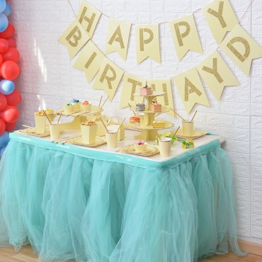 New disposable knife, fork, spoon, tableware, yellow set, table skirt, paper cup, paper plate, Happy Birthday pull bar