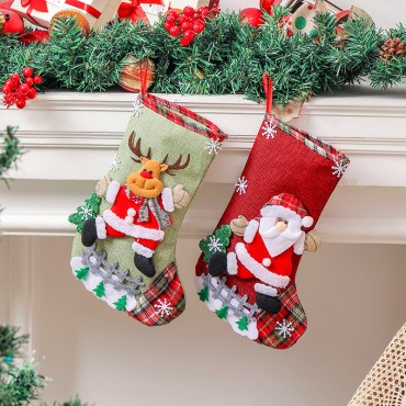 Linen large Christmas stockings, fences, Christmas gift bags, Christmas tree decorations, candy bag decorations