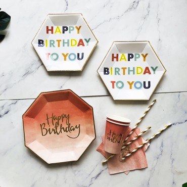 Happy birthday pink paper plate, paper cup, tableware, hot stamping disposable children's cake plate