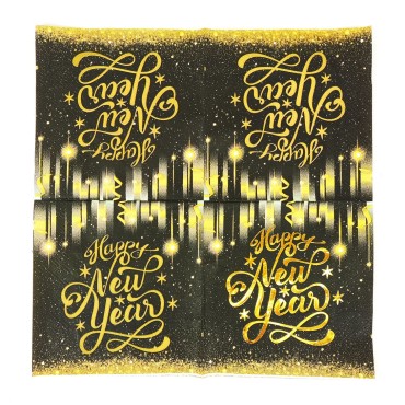 Happy New Year themed party supplies, black and gold paper cups, tissues, tableware, party decorations