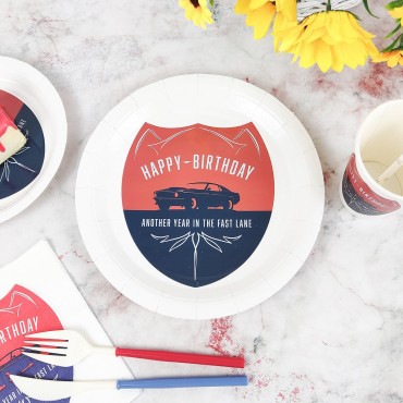 Birthday Party Disposable Cutlery Set HAPPY BITHDAY Paper Plate Paper Cup Round Car Pattern Paper Plate