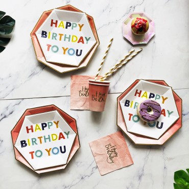 Happy birthday pink paper plate, paper cup, tableware, hot stamping disposable children's cake plate