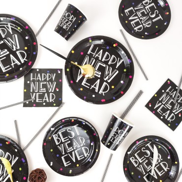 Cross border New Year Party Theme HAPPY NEW YEAR Disposable Paper Plate and Cup 2024 New Year Party Set