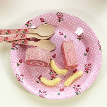 Pink polka dot theme set, paper meal plates, birthday party decorations, paper cups, tissues