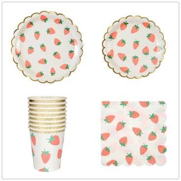 New Fruit Pink Strawberry Paper Plate, Paper Cup, Paper Napkin, 7-inch 9-inch Hot Rolled Disc, Disposable Party Cutlery Set