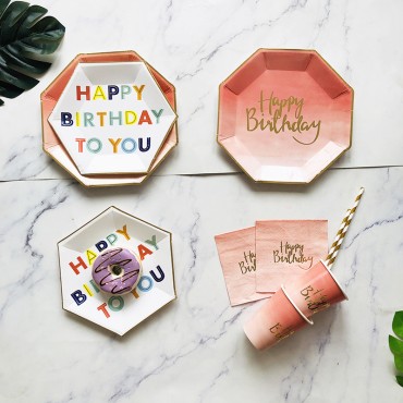 Happy birthday pink paper plate, paper cup, tableware, hot stamping disposable children's cake plate