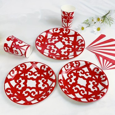 Red creative retro disposable paper tableware, Chinese red paper plate set, Western food plate, steak plate, dessert plate wholesale