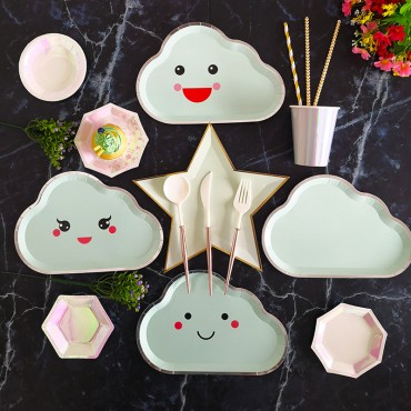 New Party Plate Disposable Paper Plate Children's Birthday Cake Fruit Plate Cute White Cloud Colored Small Plate