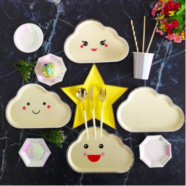 New Party Cartoon Plate Disposable Paper Plate Children's Birthday Cake Plate Plate Plating White Cloud Combination Plate