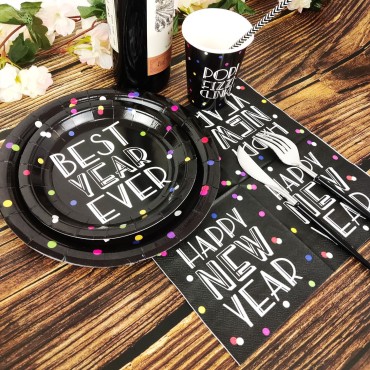 Cross border New Year Party Theme HAPPY NEW YEAR Disposable Paper Plate and Cup 2024 New Year Party Set