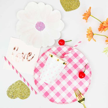 New disposable paper plate pizza plate flat bottomed disc party pink checkered tableware paper plate tissue paper cup