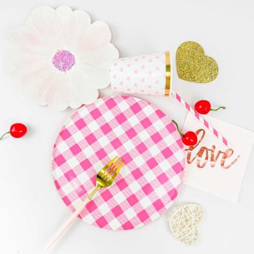 New disposable paper plate pizza plate flat bottomed disc party pink checkered tableware paper plate tissue paper cup