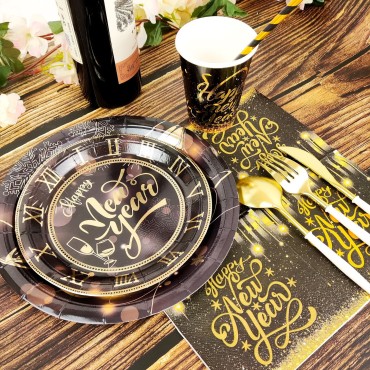 Happy New Year themed party supplies, black and gold paper cups, tissues, tableware, party decorations