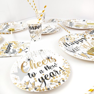 New Year themed party tableware set, disposable tissues, paper cups, paper plates, knives, forks, spoons, party decorations