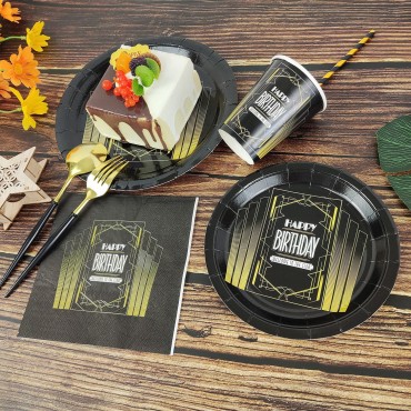 Wholesale cross-border black hot stamping HAPPY BIRTHDAY tableware disposable paper cups, paper plates, birthday parties