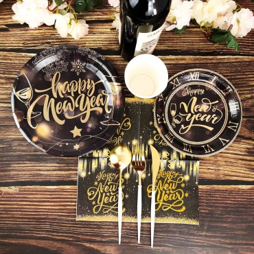 Happy New Year themed party supplies, black and gold paper cups, tissues, tableware, party decorations