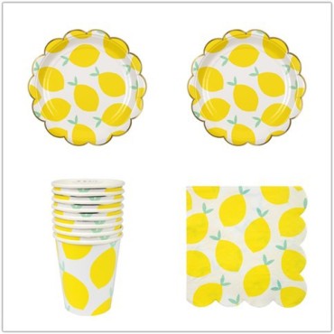 New Fruit Paper Plate Yellow Lemon Birthday Decorative Supplies Tableware, Paper Cups, Paper Towels, Four Piece Set Cake Paper Plate