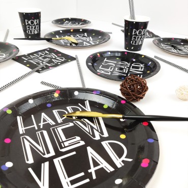 Cross border New Year Party Theme HAPPY NEW YEAR Disposable Paper Plate and Cup 2024 New Year Party Set