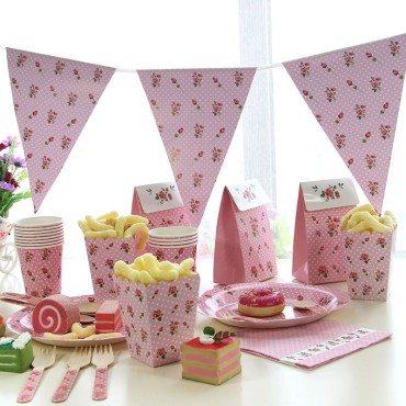 Pink polka dot theme set, paper meal plates, birthday party decorations, paper cups, tissues