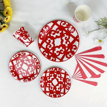 Red creative retro disposable paper tableware, Chinese red paper plate set, Western food plate, steak plate, dessert plate wholesale