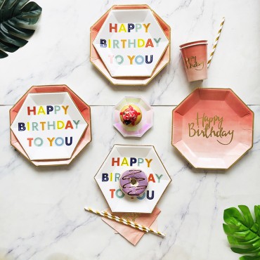 Happy birthday pink paper plate, paper cup, tableware, hot stamping disposable children's cake plate