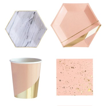 Hexagonal dining plate sleeve paper cup paper plate pink hot bronze disposable tableware birthday party cake dish