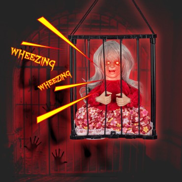 Halloween Ghost Decoration Cage Ghost Electric toy stretching his head to intimidate the glowing sound of prisoners witch