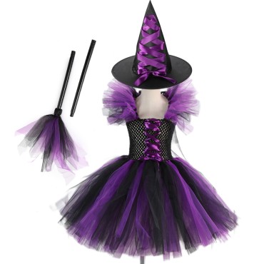European and American Halloween Girls' Clothing Girls Puff Cosplay Performance Skirt Set Witch Hat Witch Sweeping